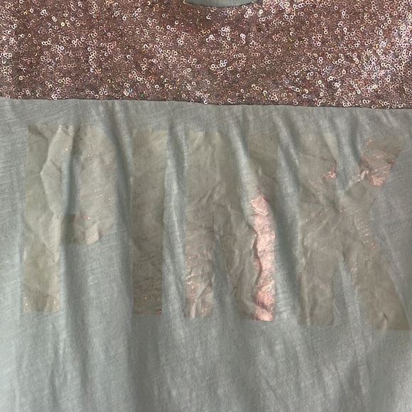 VS PINK | Women’s Aqua Iridescent Sequin Short Sleeve Distressed Logo Top Size M - Picture 6 of 7